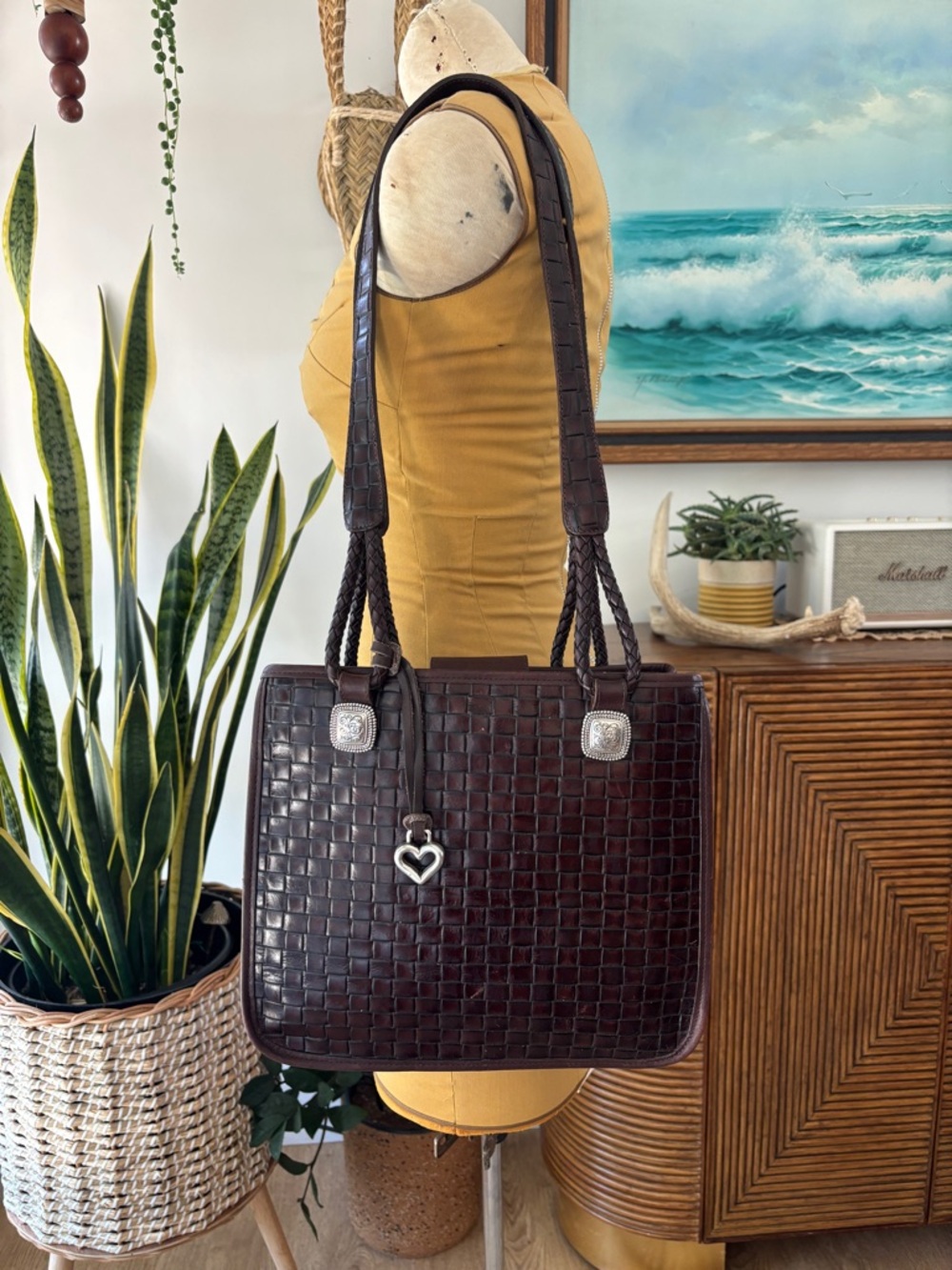 Dark Brown Brighton Woven Leather Tote Bag with Braided Handles & Heart Charm